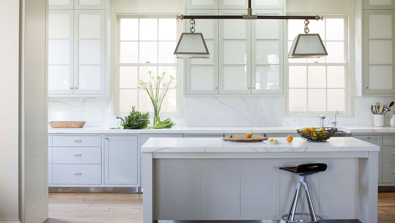 Gray and White kitchen with marble. https://kristywicks.com