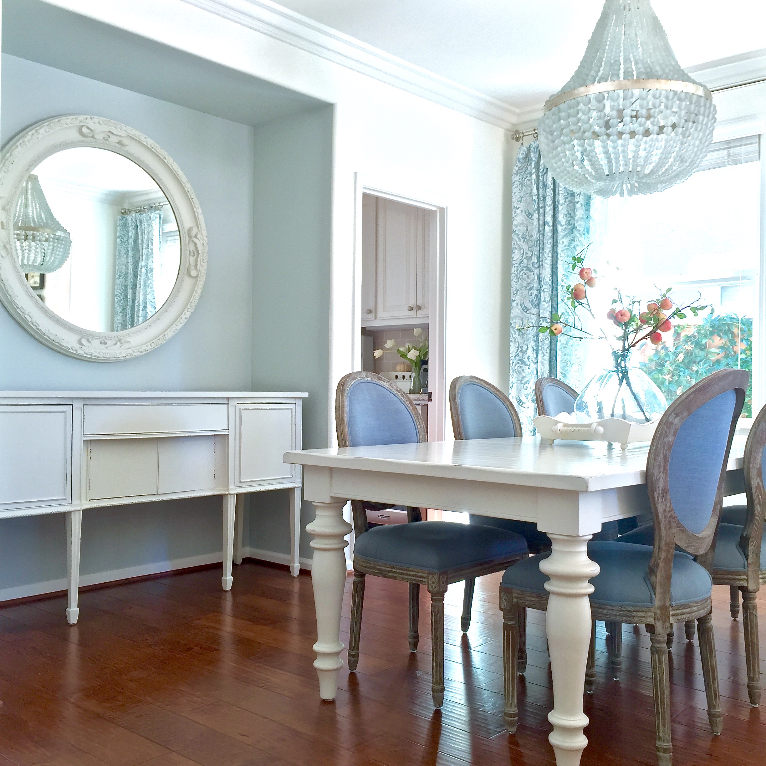 Blue and white dining room with Edisto white beaded chandelier. https://kristywicks.com
