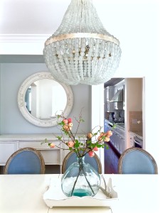 Blue and shite dining room with new beaded glass chandelier. https://kristywicks.com