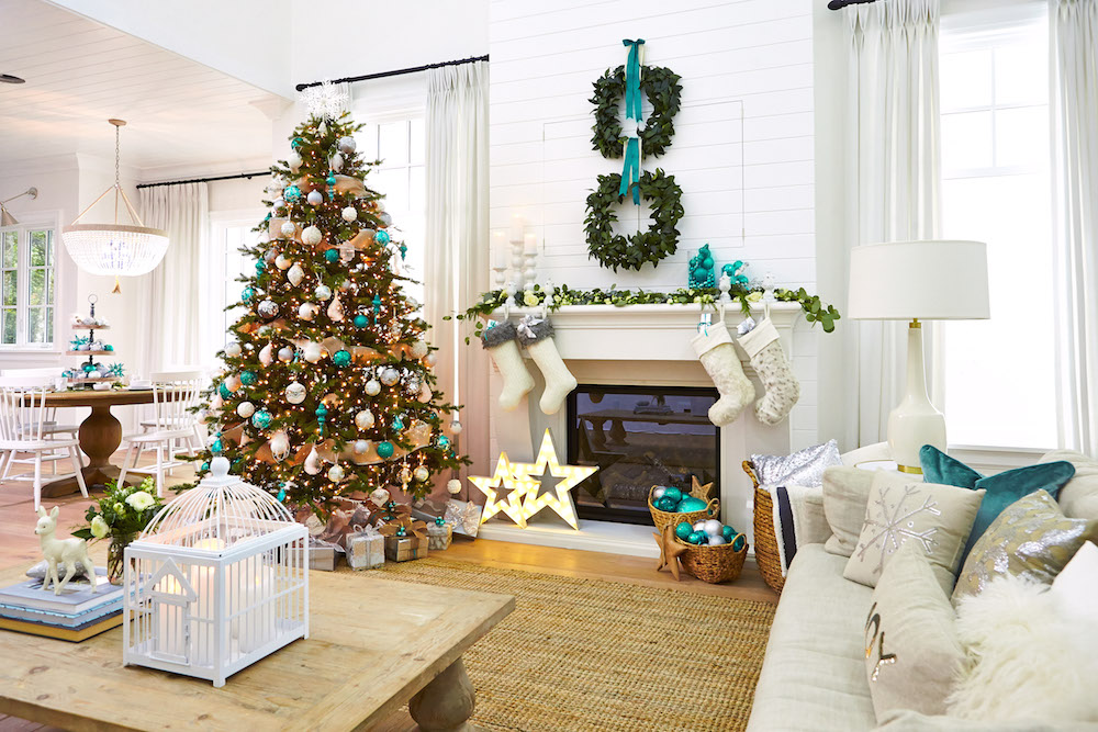 Teal Christmas with square wreaths in Monika Hibbs Home Tour. https://kristywicks.com