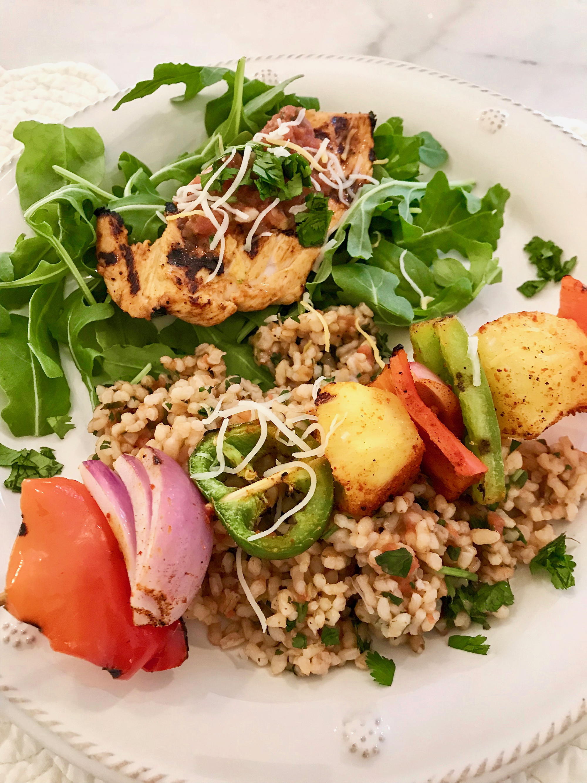 Grilled Chicken Plate, Veggie Skewers and Spanish Rice Recipe