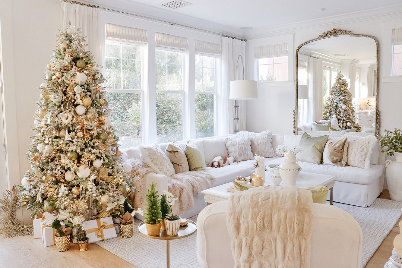 Cozy Christmas Decor - My Family Room! Showcasing my green, gold & white themed Christmas tree. My style is natural & neutral this year.. all links/sources.