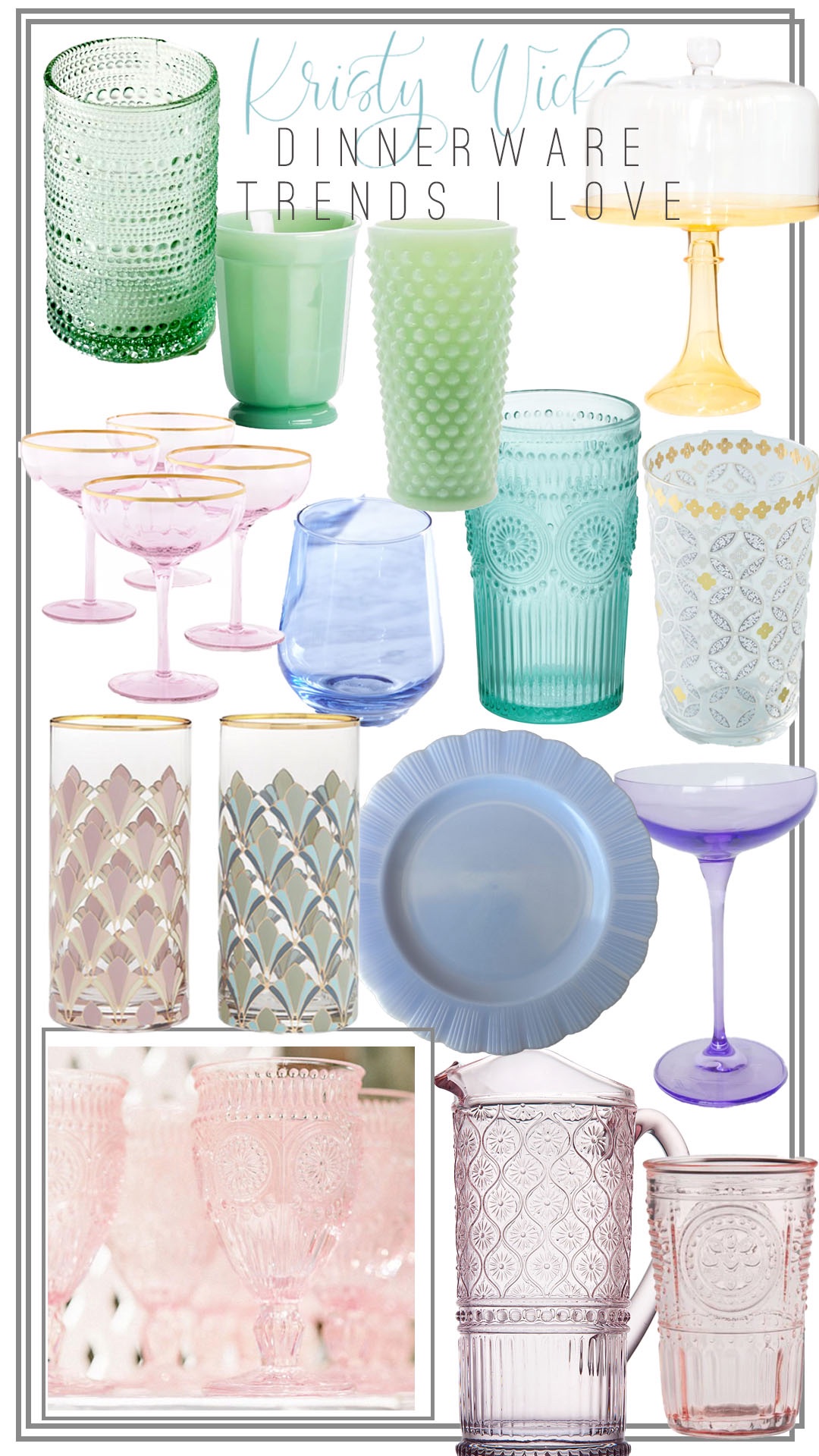 Collage of Dinnerware and Glassware including Milk Glass, Hobnail, Depression Glass, and Art Deco pieces