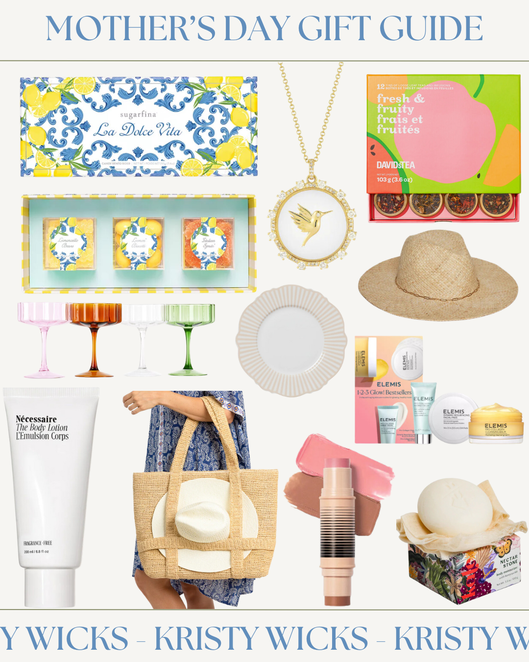 Mother's Day Gift guide with sugarfina, davidstea, ef collection necklace, glassware and dinnerware, straw bag and hat from hat attack and more!